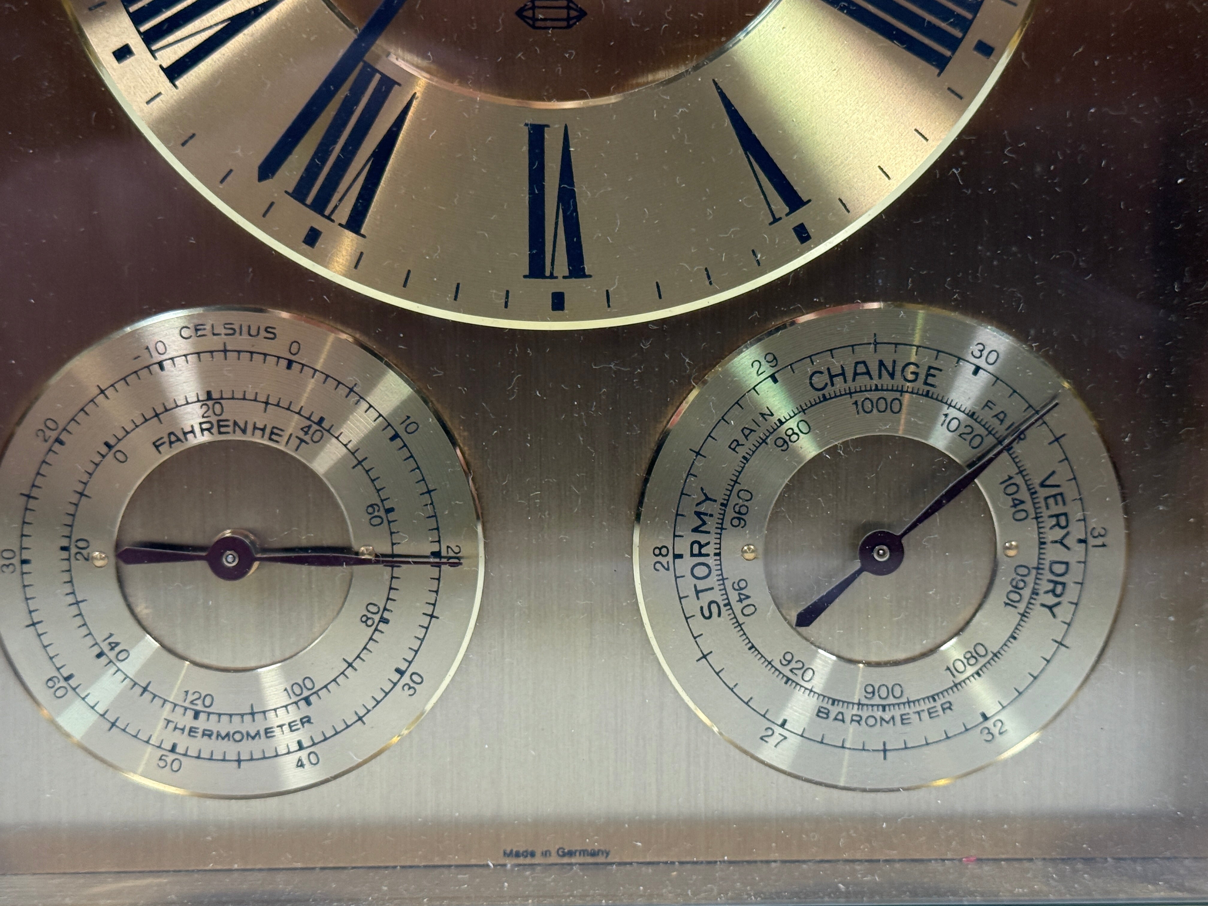 Vintage Bulova Brass Quartz Desk Clock with Thermometer & Barometer – Working