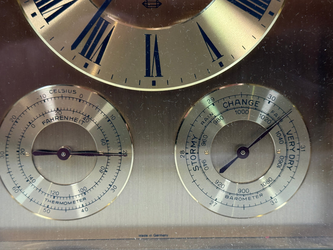 Vintage Bulova Brass Quartz Desk Clock with Thermometer & Barometer – Working