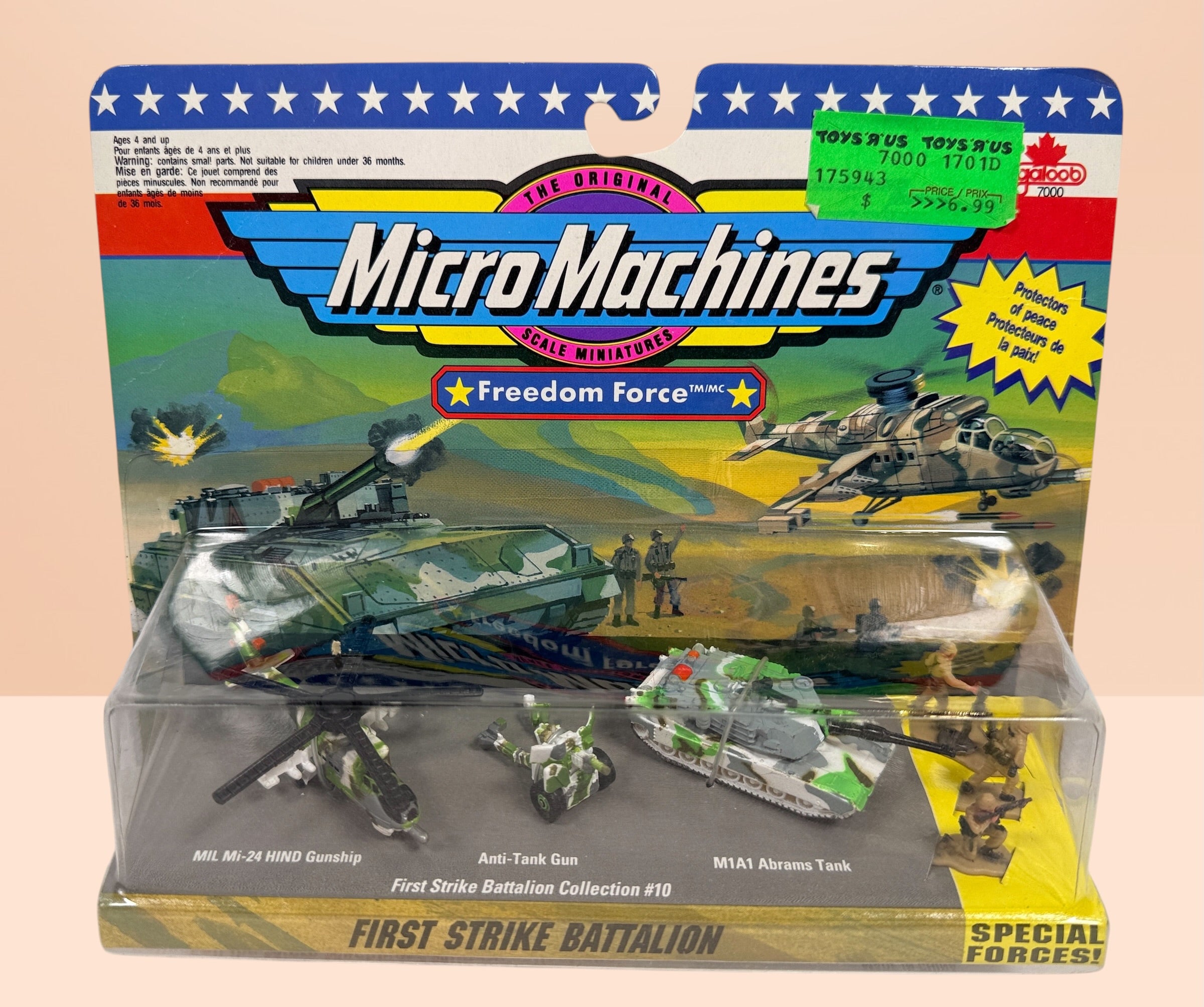 Vintage sealed Micro Machines Freedom Force First Strike Battalion military toy set with Hind helicopter and Abrams tank by Galoob.
