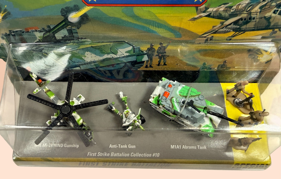 Vintage sealed Micro Machines Freedom Force First Strike Battalion military toy set with Hind helicopter and Abrams tank by Galoob.