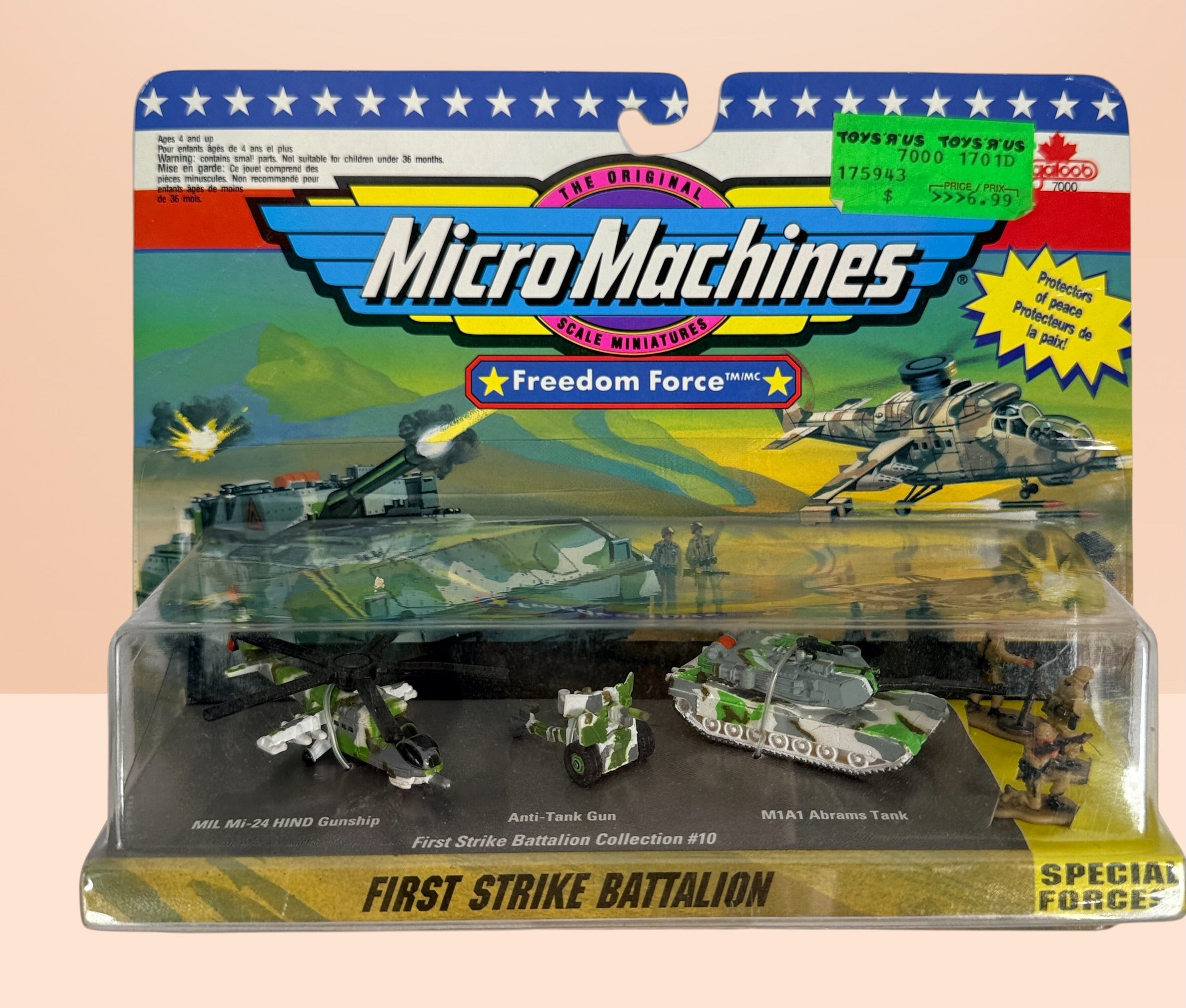 Vintage sealed Micro Machines Freedom Force First Strike Battalion military toy set with Hind helicopter and Abrams tank by Galoob.