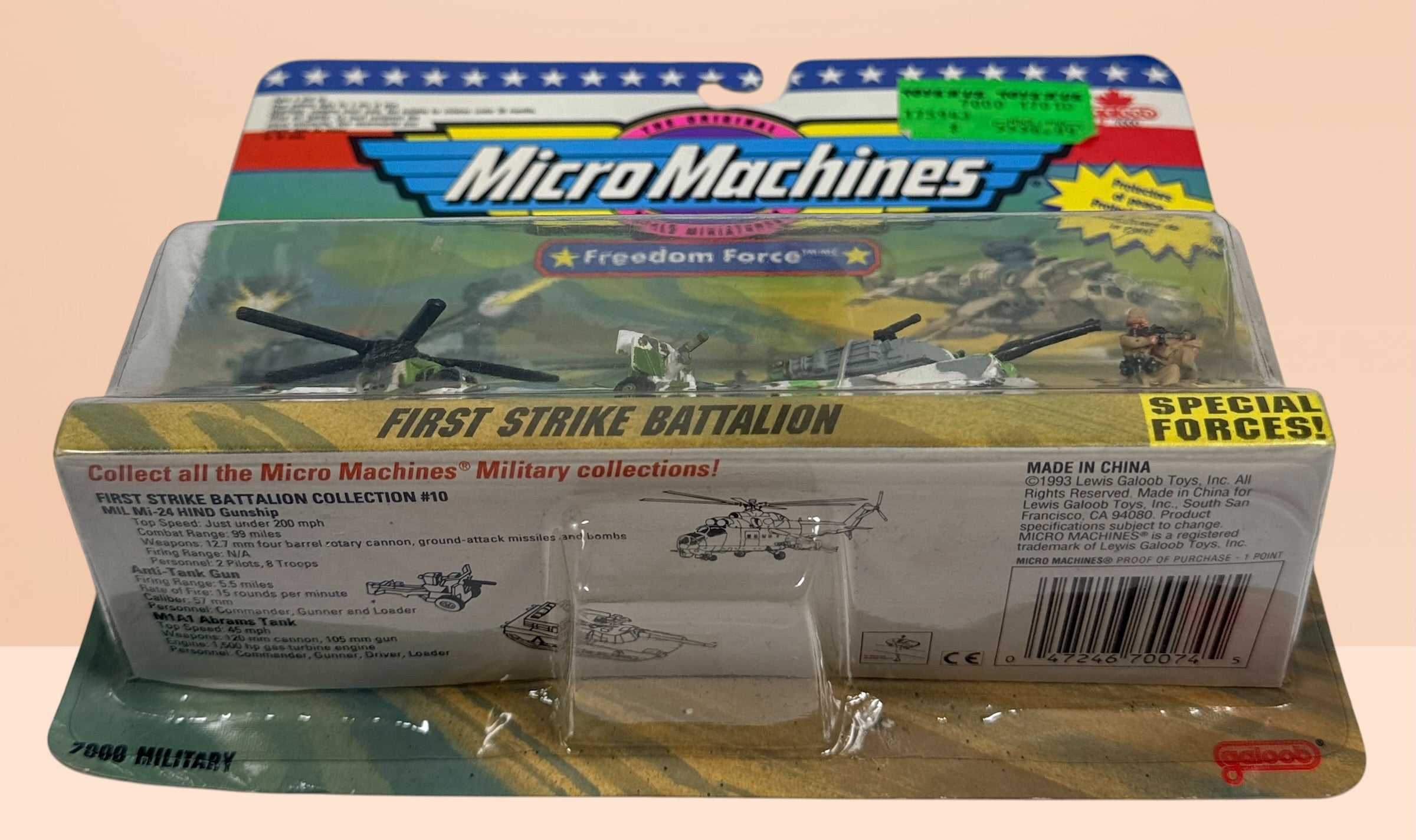Vintage sealed Micro Machines Freedom Force First Strike Battalion military toy set with Hind helicopter and Abrams tank by Galoob.