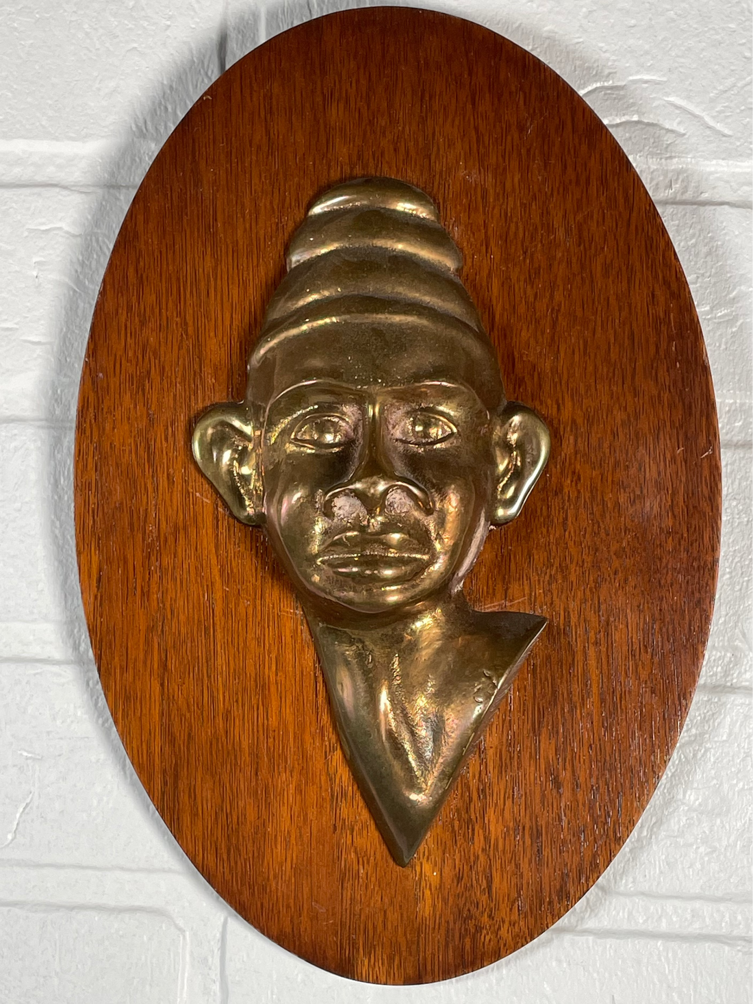 Vintage Brass Relief Wall Plaque on Solid Wood – Mid-Century Folk Art