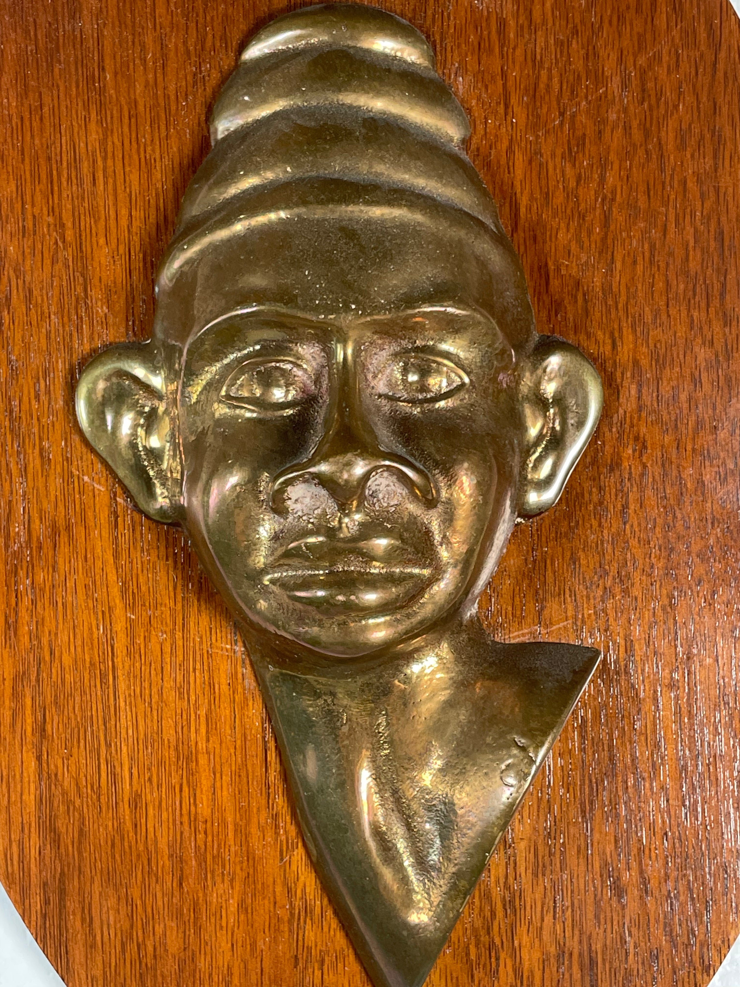 Vintage Brass Relief Wall Plaque on Solid Wood – Mid-Century Folk Art