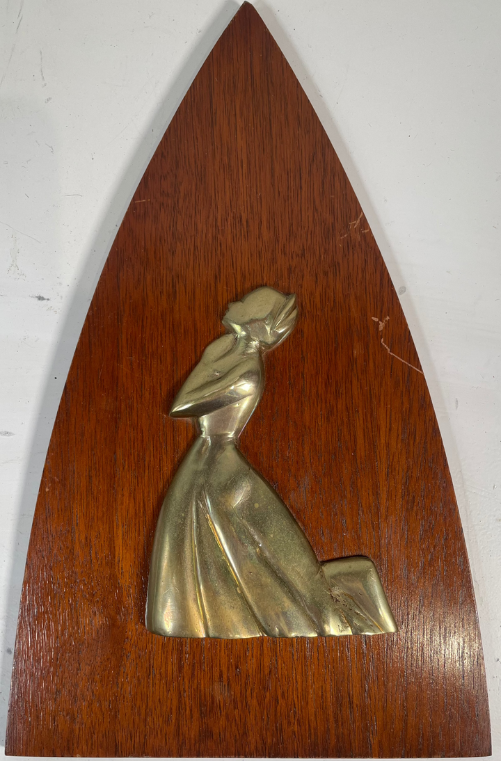 Vintage Brass Relief Wall Plaque  of Woman on Solid Wood – MCM