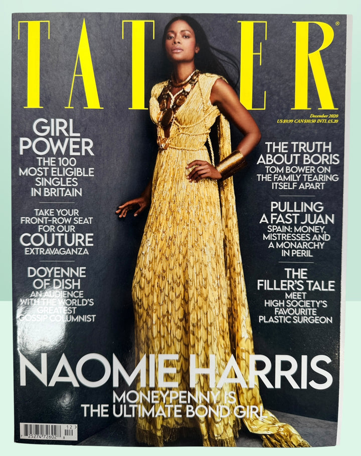 Tatler December 2020 magazine featuring Naomie Harris cover story, couture fashion editorials, celebrity interviews, and luxury lifestyle content