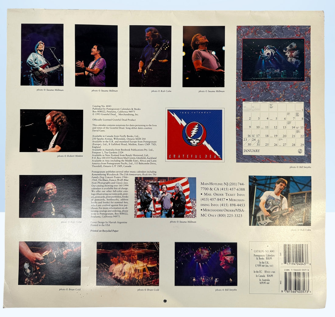 Vintage 1994 Grateful Dead wall calendar with Steal Your Face artwork and concert photography. Official licensed Deadhead collectible memorabili