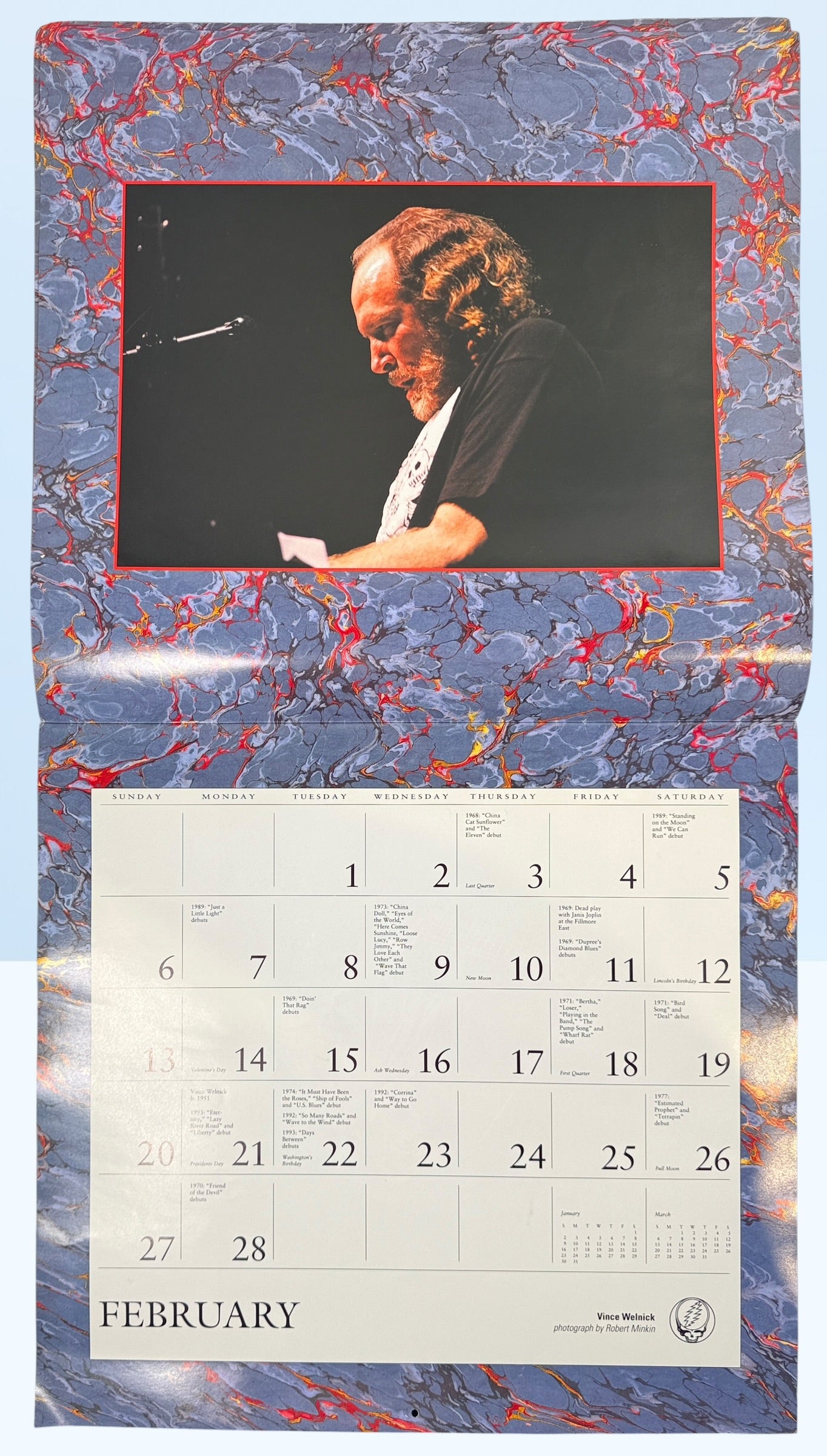 Vintage 1994 Grateful Dead wall calendar with Steal Your Face artwork and concert photography. Official licensed Deadhead collectible memorabili
