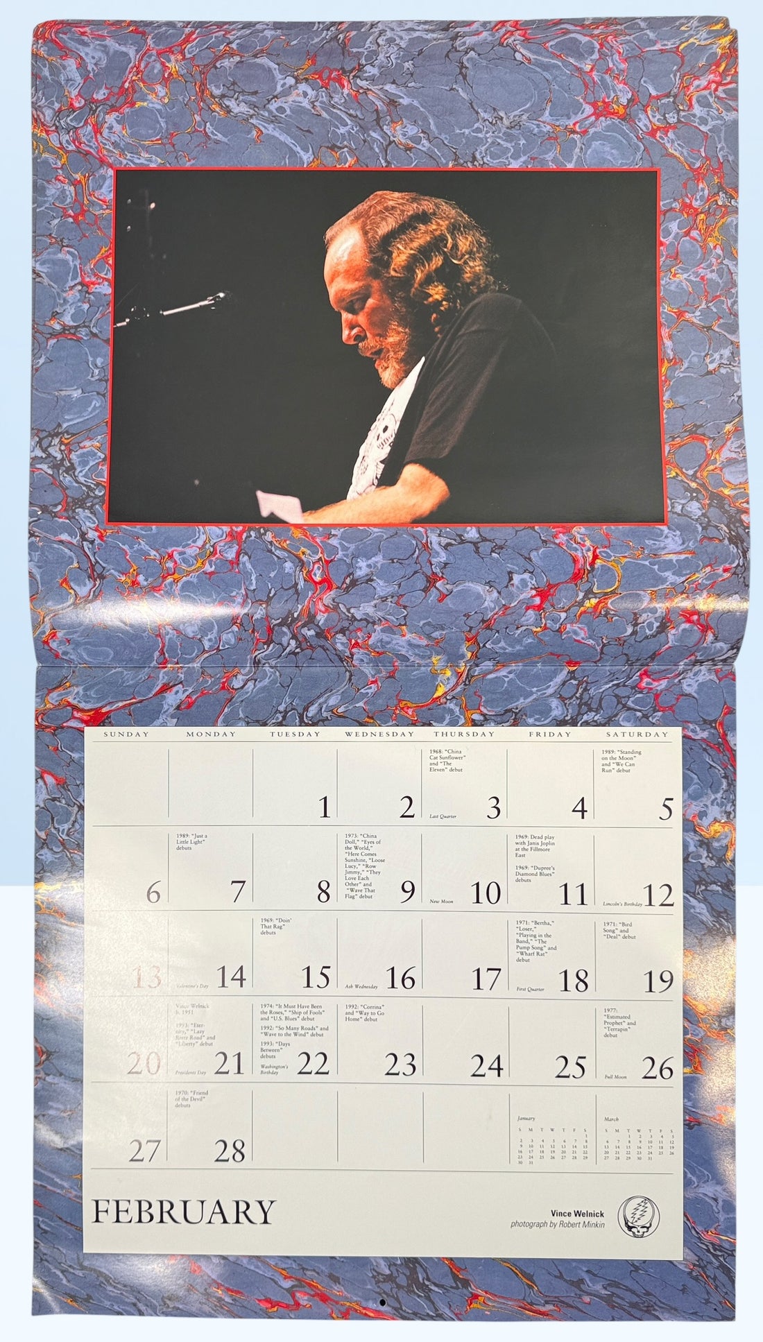 Vintage 1994 Grateful Dead wall calendar with Steal Your Face artwork and concert photography. Official licensed Deadhead collectible memorabili