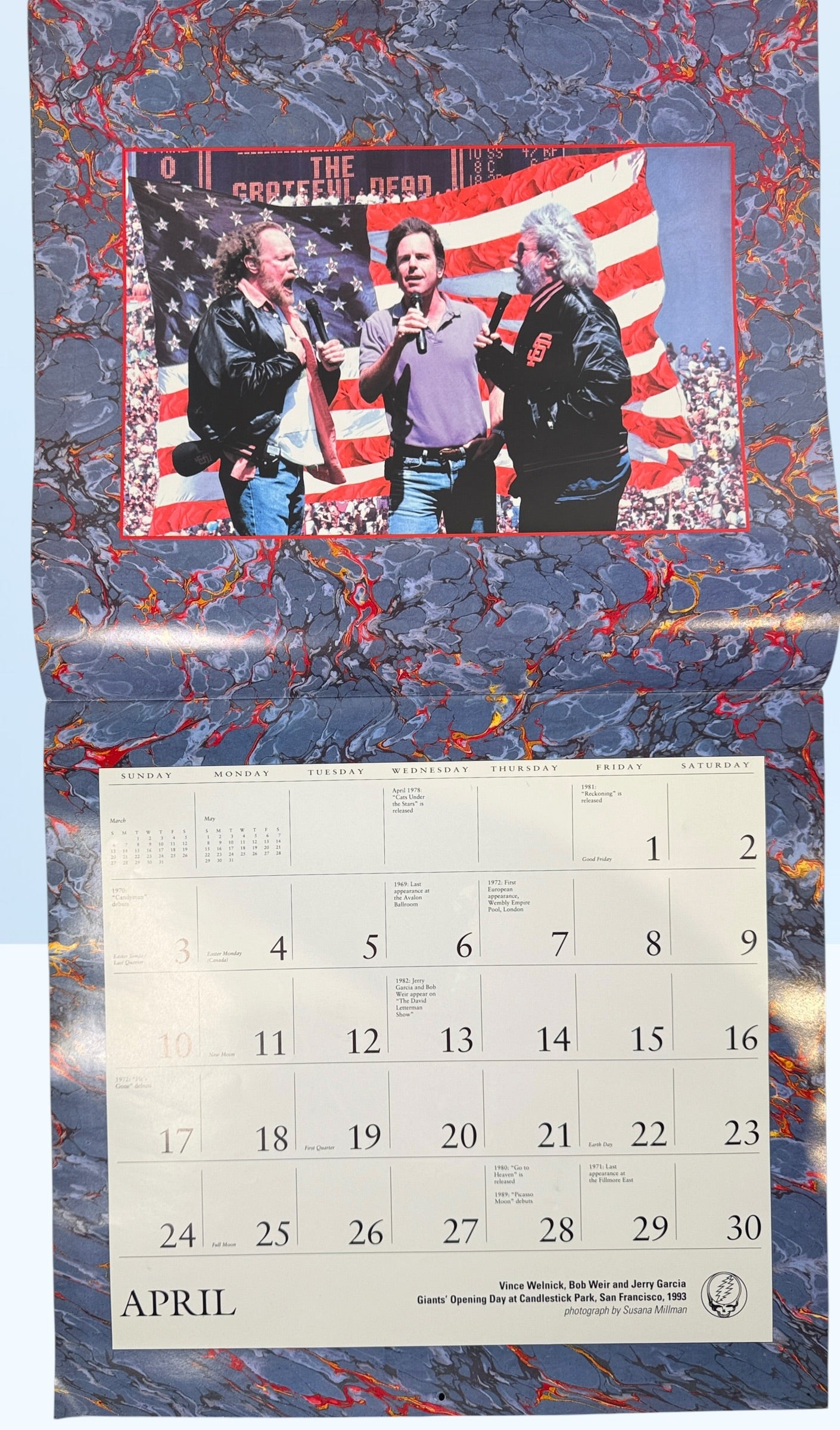 Vintage 1994 Grateful Dead wall calendar with Steal Your Face artwork and concert photography. Official licensed Deadhead collectible memorabili
