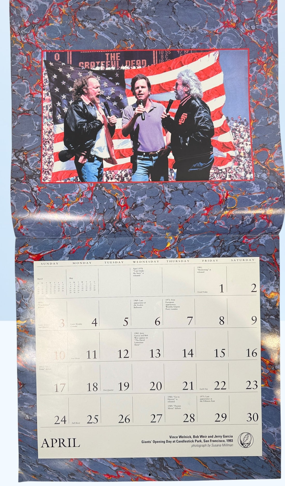 Vintage 1994 Grateful Dead wall calendar with Steal Your Face artwork and concert photography. Official licensed Deadhead collectible memorabili