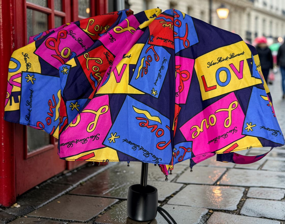 Vintage Yves Saint Laurent Love print folding umbrella in vibrant 80s pop-art colors. Rare collectible YSL fashion accessory in excellent condition.