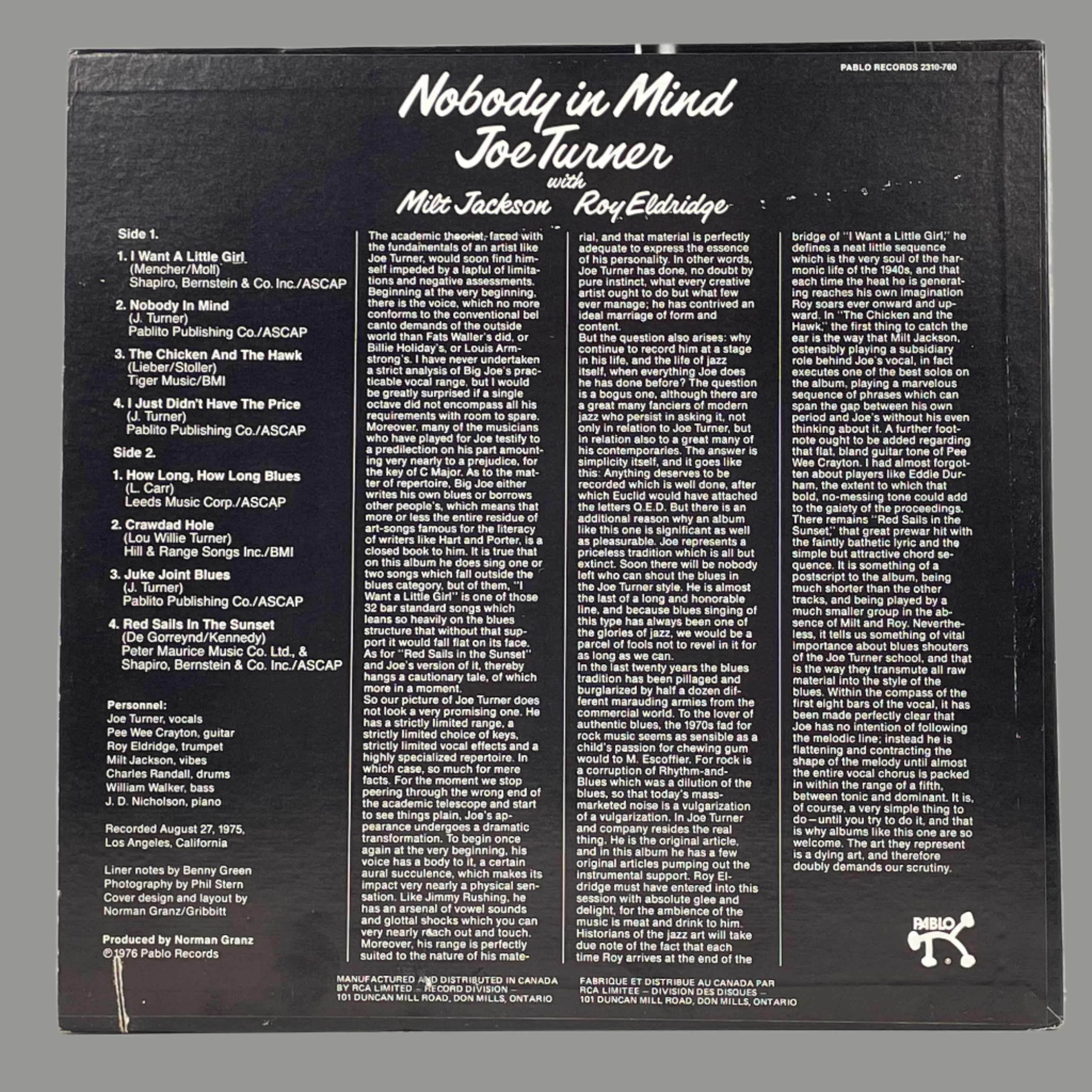 Joe Turner – Nobody in Mind (1978 Pablo Records, Canada Pressing) – Jazz / Blues LP