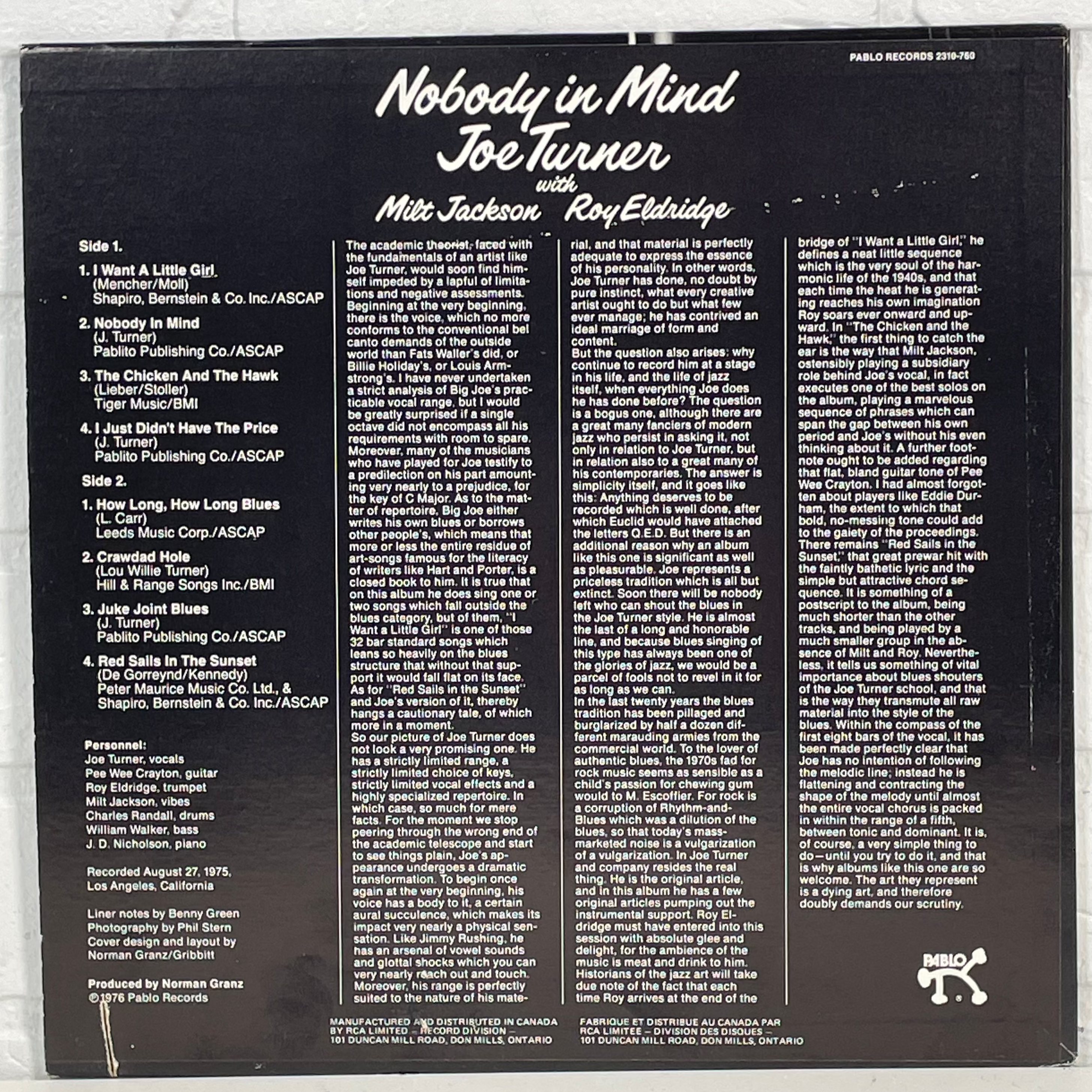 Joe Turner – Nobody in Mind (1978 Pablo Records, Canada Pressing) – Jazz / Blues LP