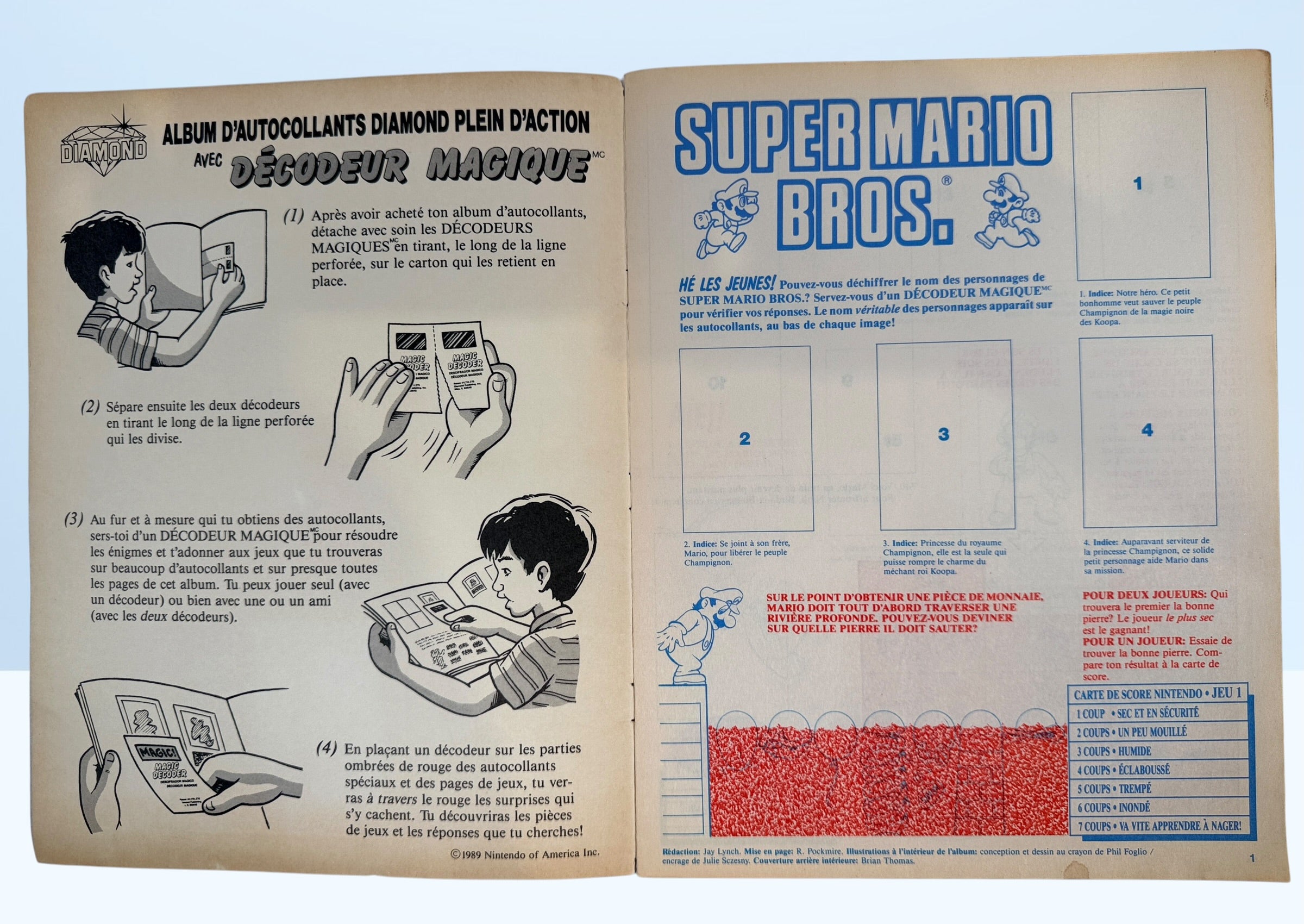 Vintage 1989 Nintendo sticker album in French Canadian edition. Empty NES-era collectible featuring Mario and Zelda artwork and retro gaming nostalgia.