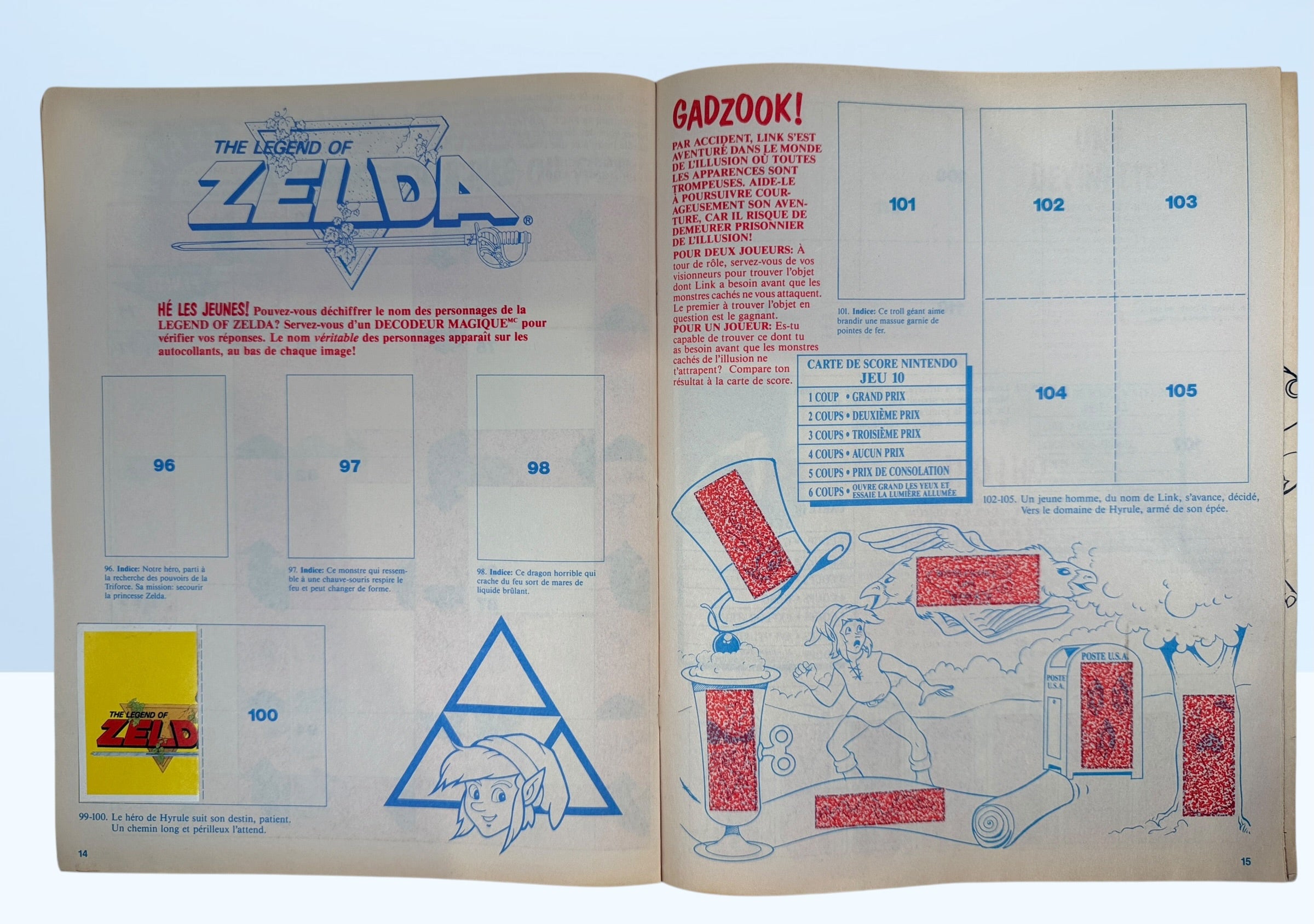 Vintage 1989 Nintendo sticker album in French Canadian edition. Empty NES-era collectible featuring Mario and Zelda artwork and retro gaming nostalgia.