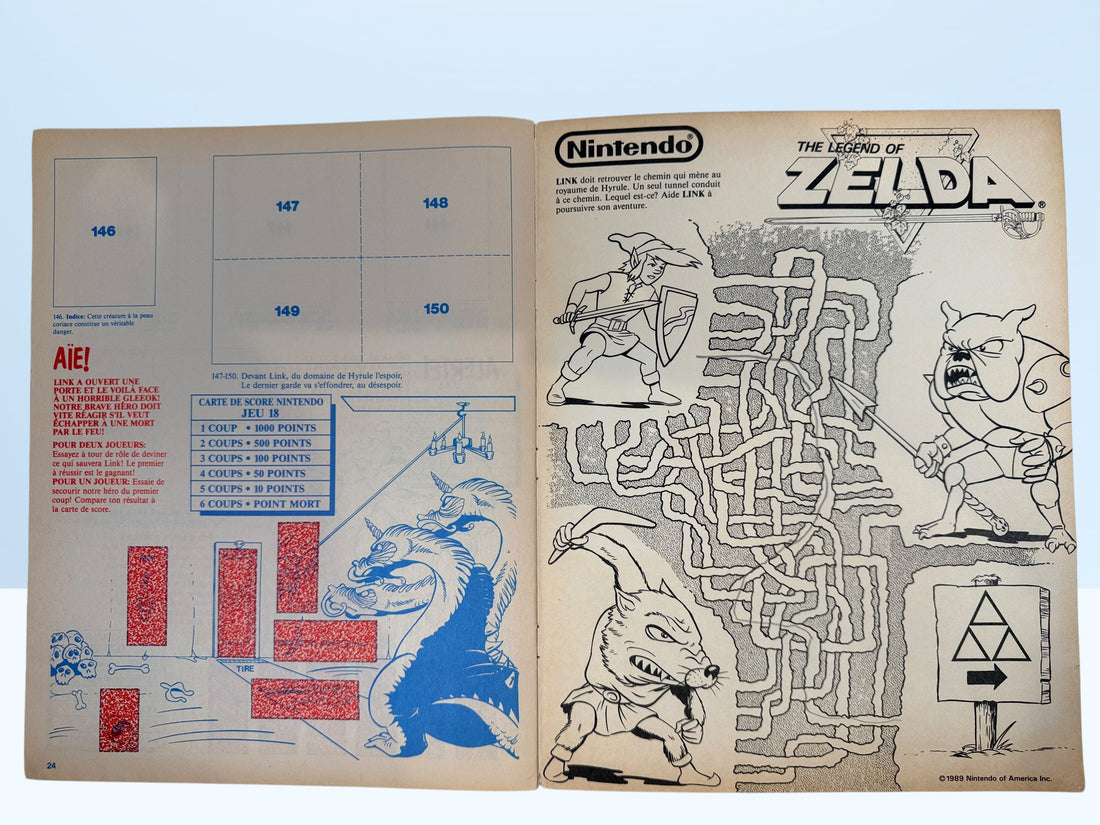 Vintage 1989 Nintendo sticker album in French Canadian edition. Empty NES-era collectible featuring Mario and Zelda artwork and retro gaming nostalgia.