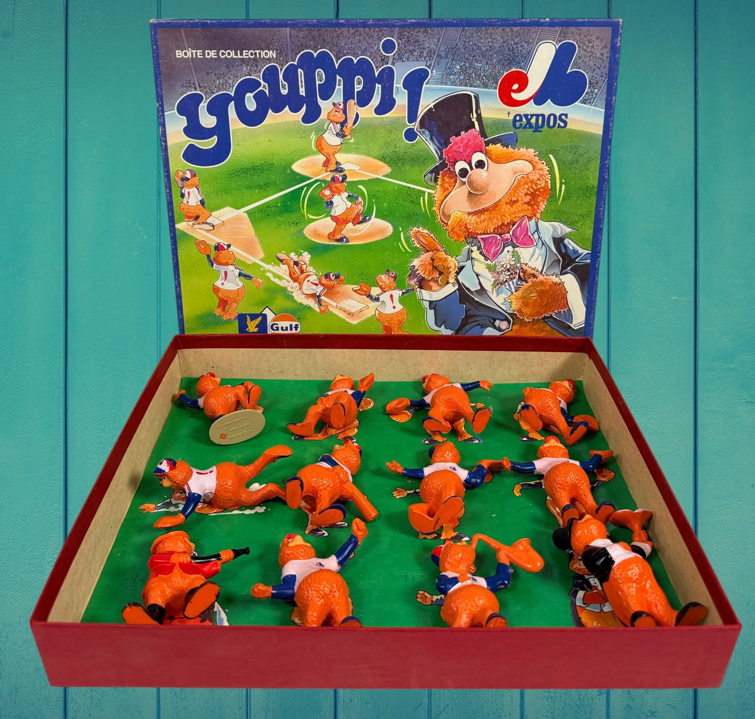 Vintage Montreal Expos Youppi figurine collection set with original box. Rare Quebec MLB mascot memorabilia collectible from the late 1970s–1980s.