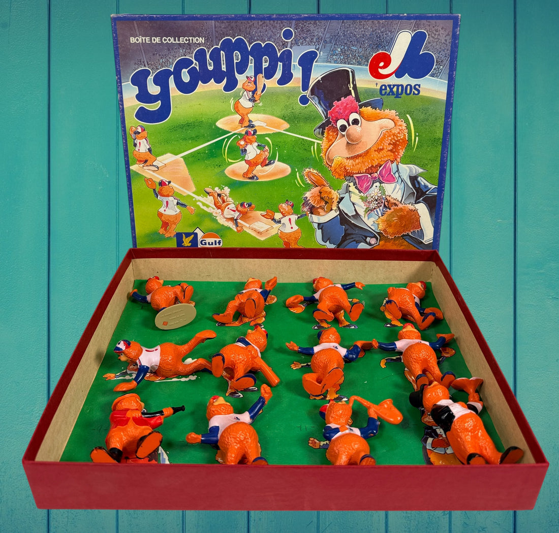 Vintage Montreal Expos Youppi figurine collection set with original box. Rare Quebec MLB mascot memorabilia collectible from the late 1970s–1980s.