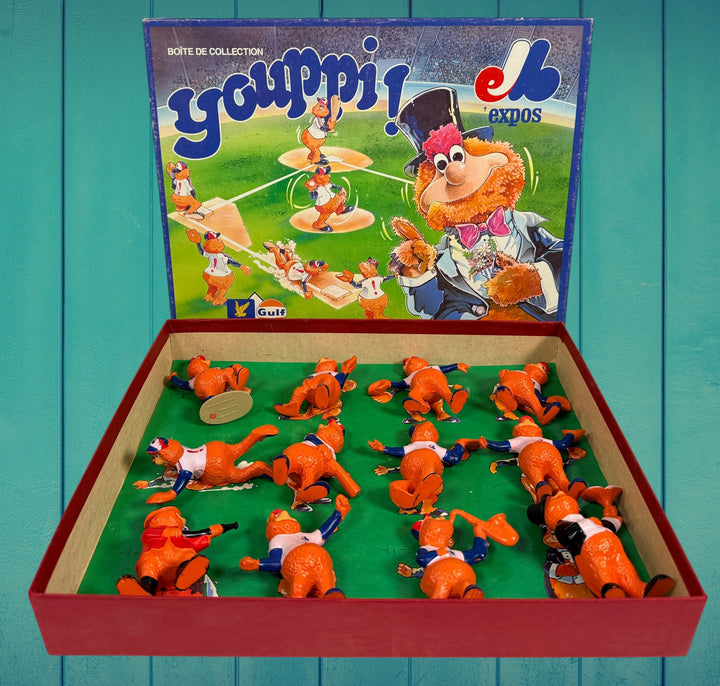 Vintage Montreal Expos Youppi figurine collection set with original box. Rare Quebec MLB mascot memorabilia collectible from the late 1970s–1980s.