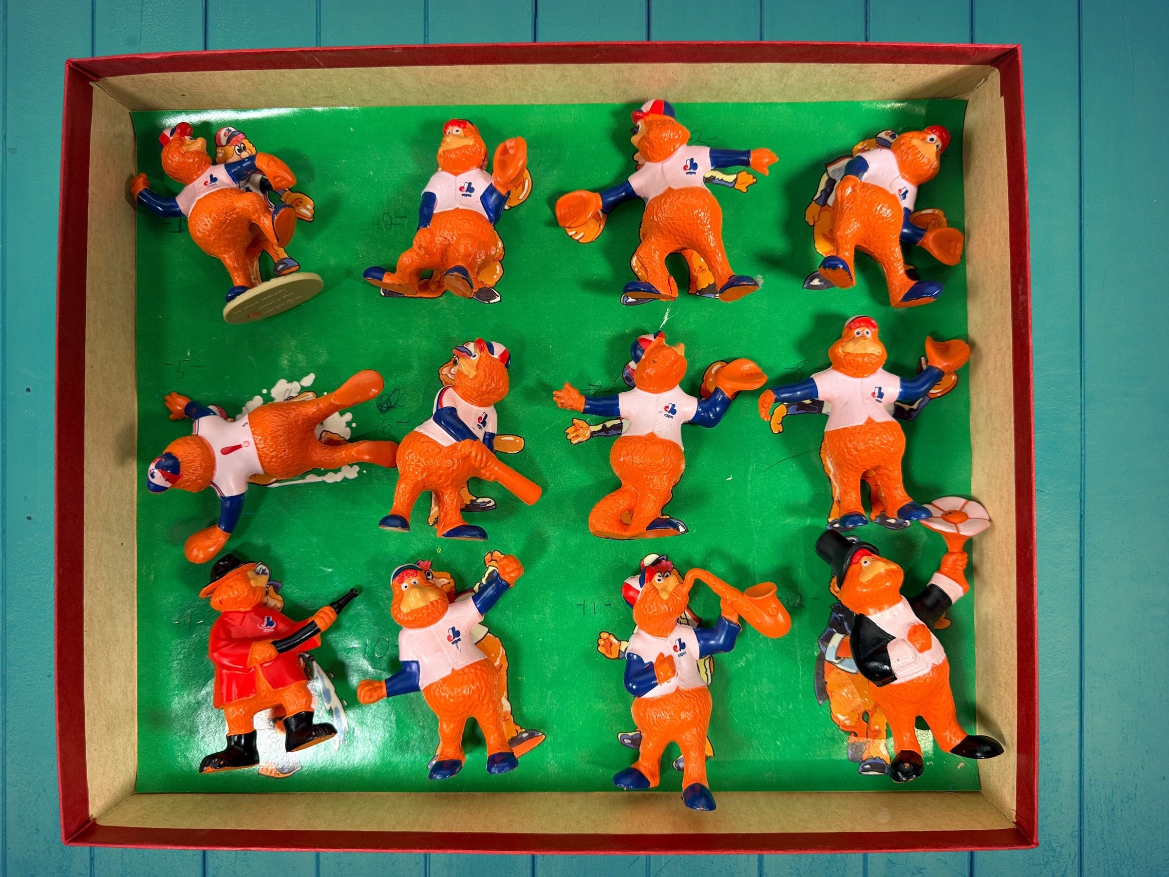 Vintage Montreal Expos Youppi figurine collection set with original box. Rare Quebec MLB mascot memorabilia collectible from the late 1970s–1980s.