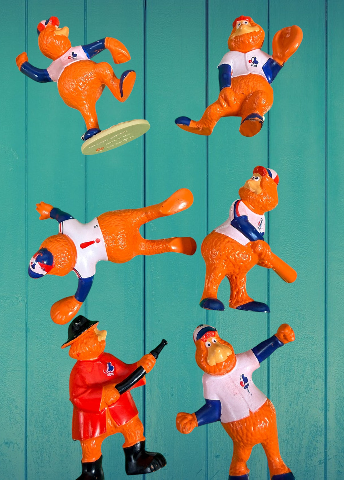 Vintage Montreal Expos Youppi figurine collection set with original box. Rare Quebec MLB mascot memorabilia collectible from the late 1970s–1980s.