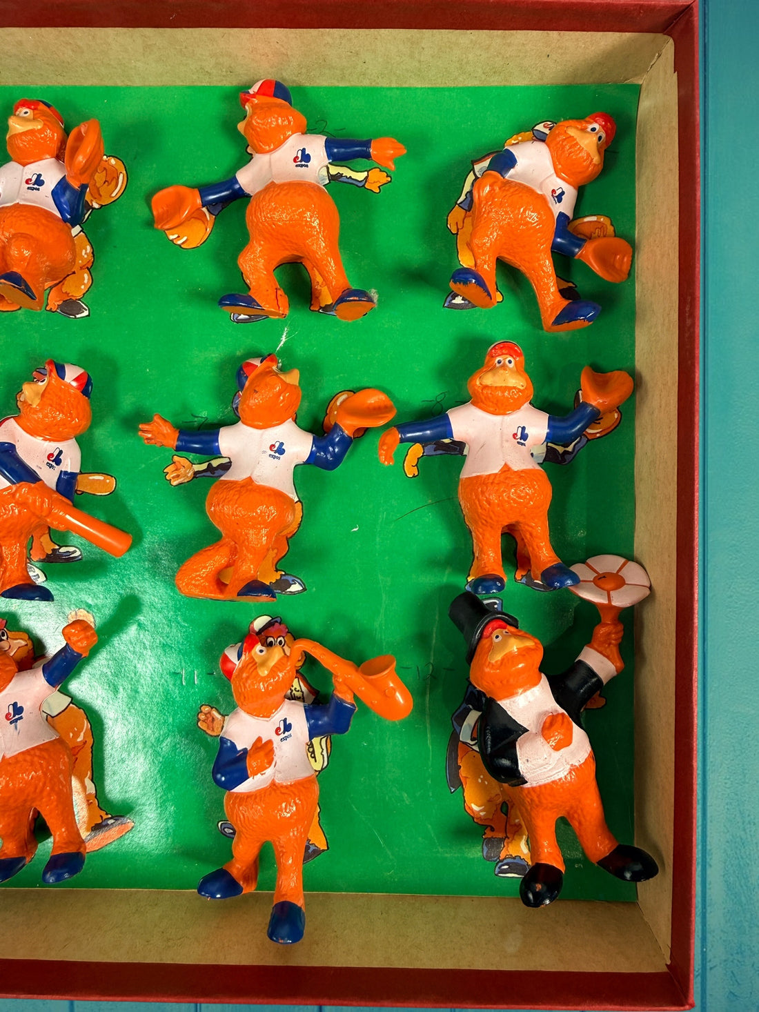 Vintage Montreal Expos Youppi figurine collection set with original box. Rare Quebec MLB mascot memorabilia collectible from the late 1970s–1980s.