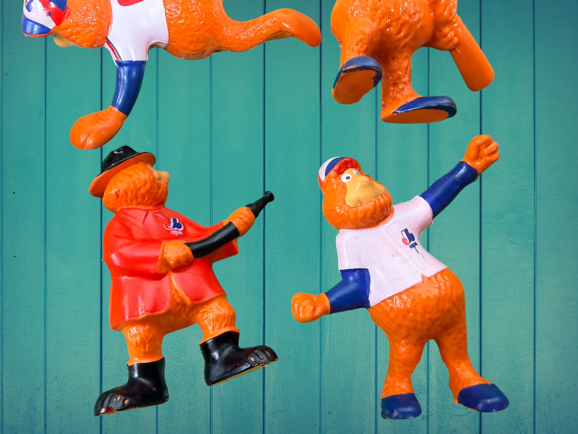 Vintage Montreal Expos Youppi figurine collection set with original box. Rare Quebec MLB mascot memorabilia collectible from the late 1970s–1980s.