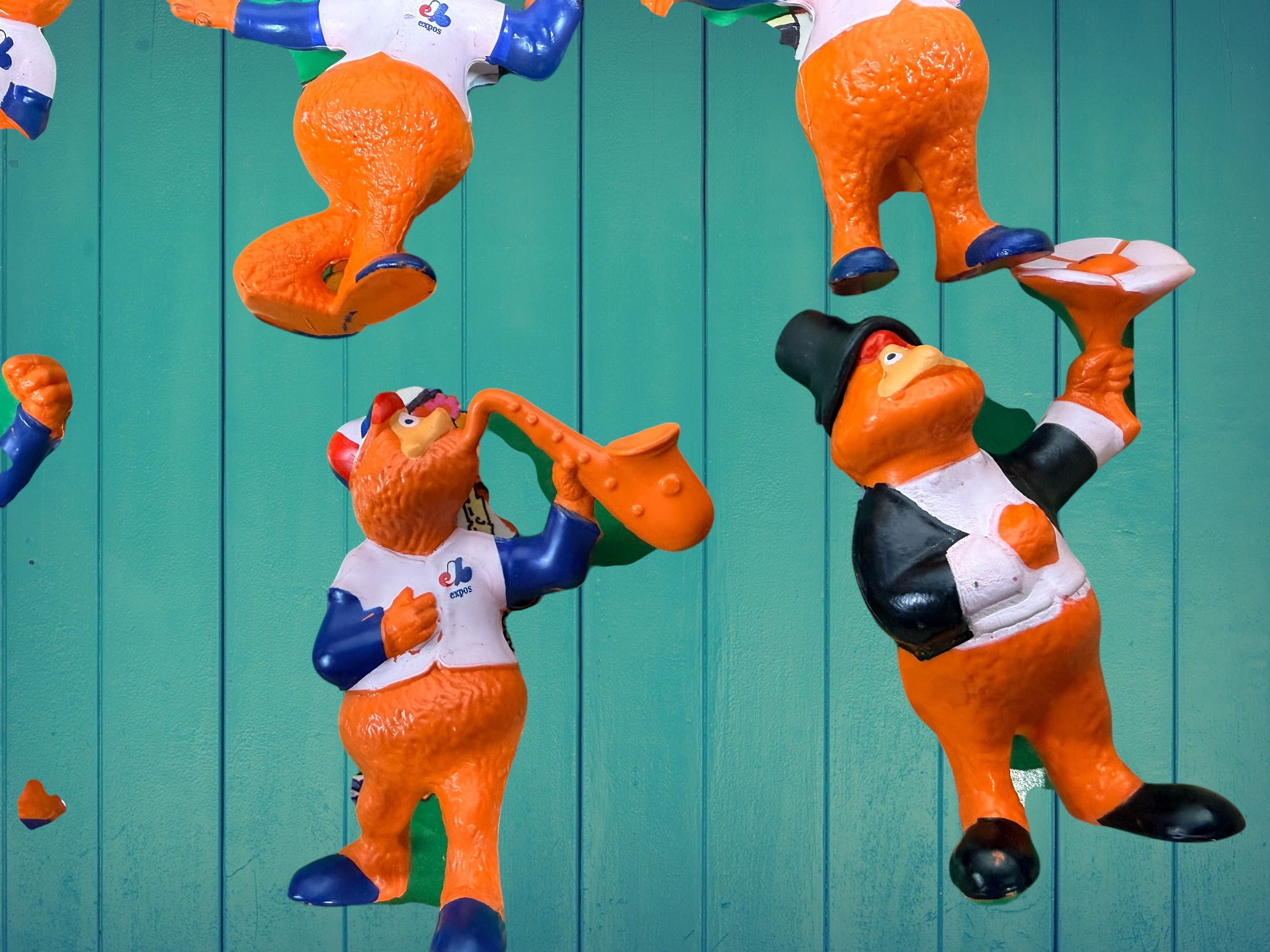 Vintage Montreal Expos Youppi figurine collection set with original box. Rare Quebec MLB mascot memorabilia collectible from the late 1970s–1980s.