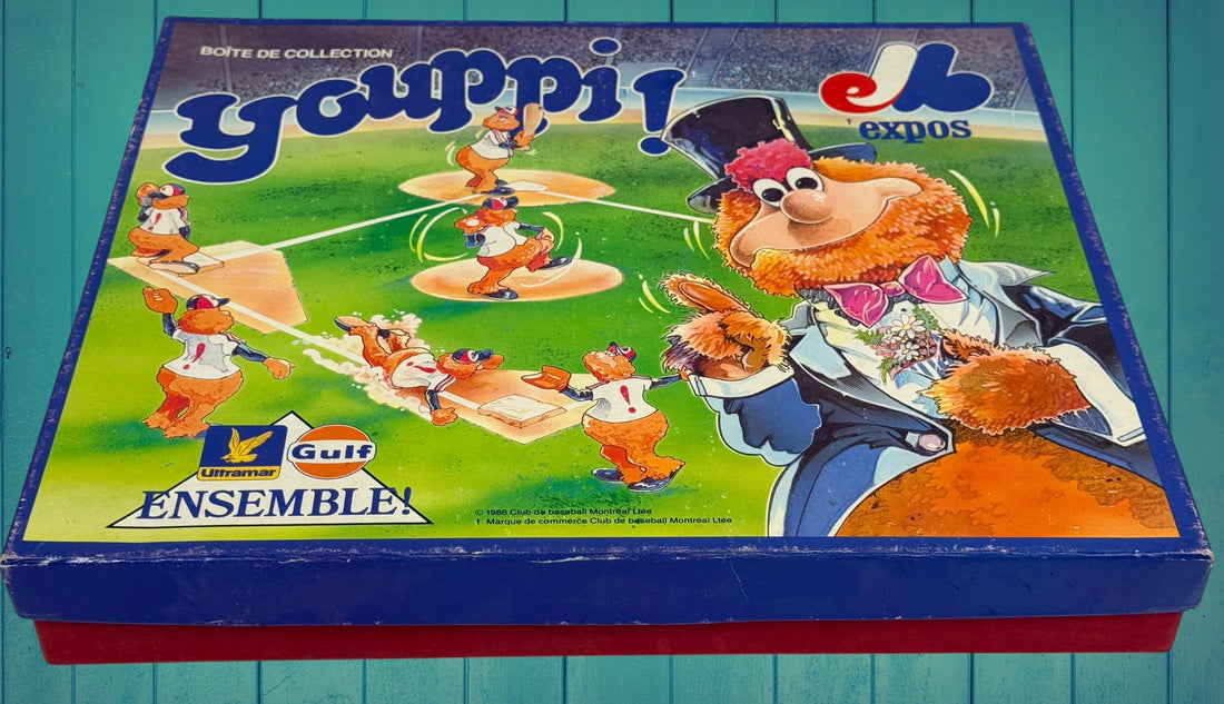 Vintage Montreal Expos Youppi figurine collection set with original box. Rare Quebec MLB mascot memorabilia collectible from the late 1970s–1980s.