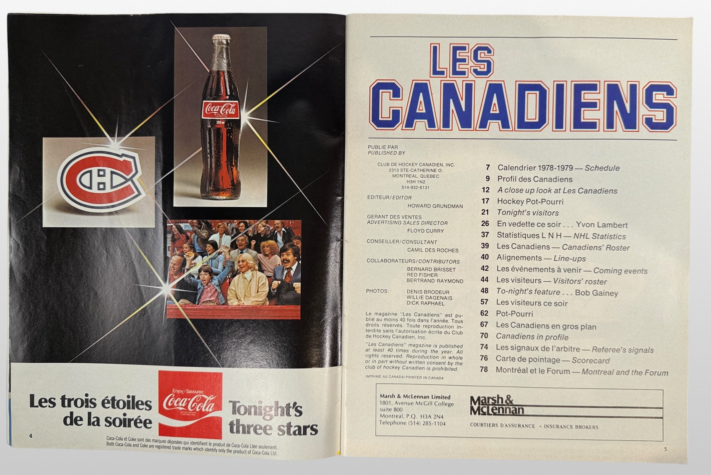 Vintage 1978-79 Montreal Canadiens official NHL magazine featuring player profiles, statistics, schedules, and classic Montreal Forum-era advertising memorabilia.