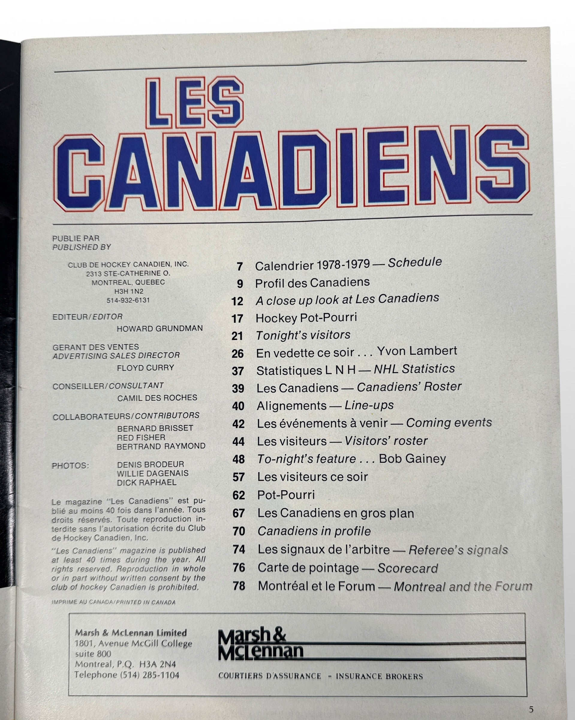 Vintage 1978-79 Montreal Canadiens official NHL magazine featuring player profiles, statistics, schedules, and classic Montreal Forum-era advertising memorabilia.