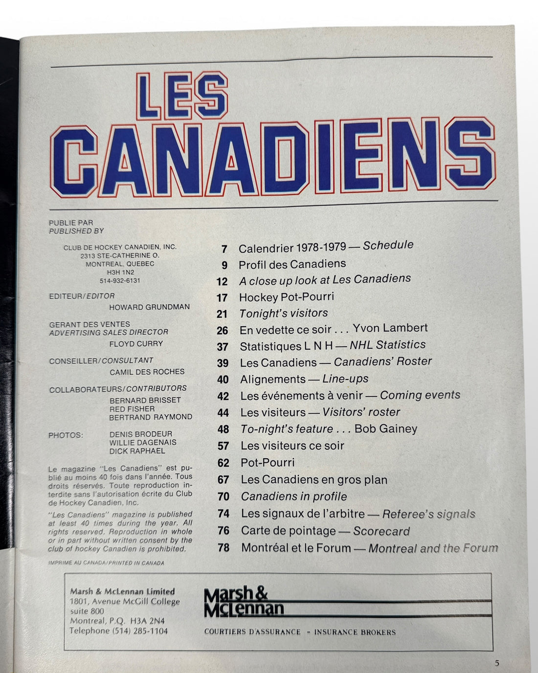 Vintage 1978-79 Montreal Canadiens official NHL magazine featuring player profiles, statistics, schedules, and classic Montreal Forum-era advertising memorabilia.