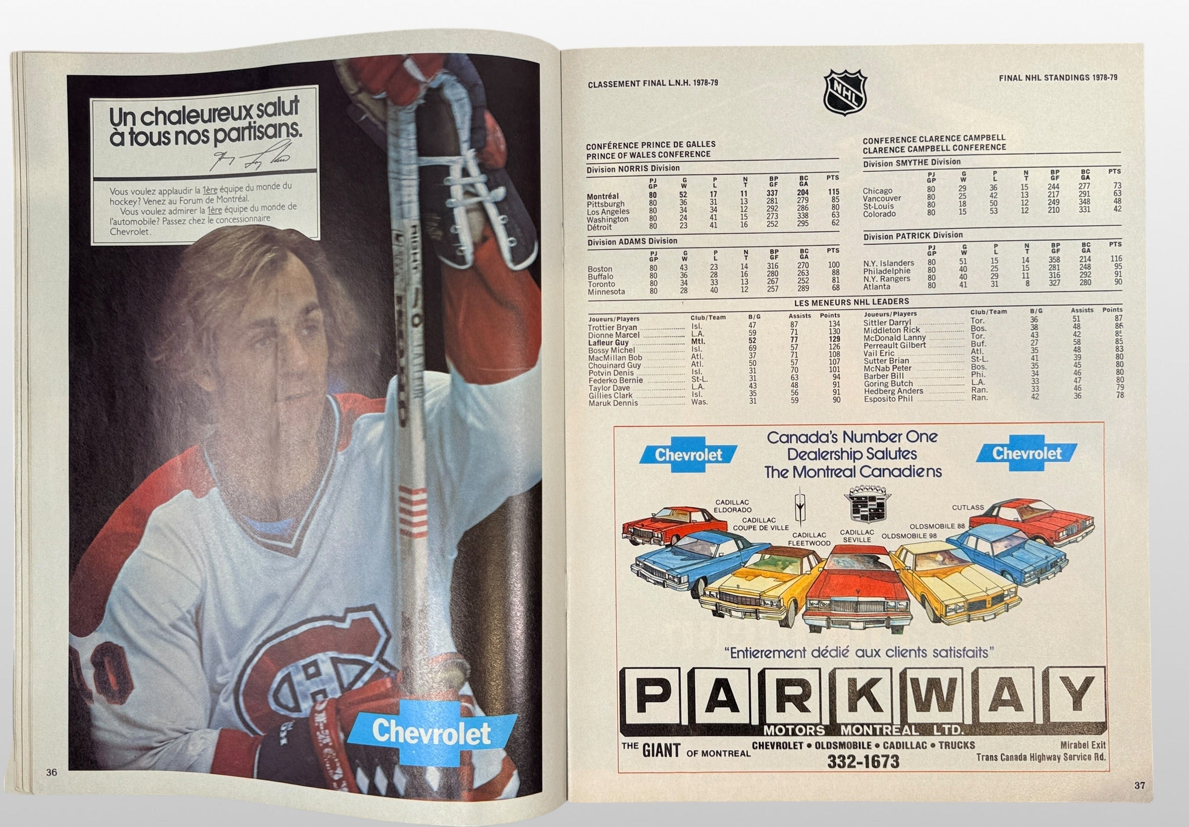 Vintage 1978-79 Montreal Canadiens official NHL magazine featuring player profiles, statistics, schedules, and classic Montreal Forum-era advertising memorabilia.