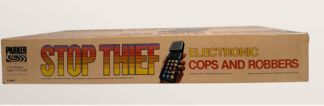 Vintage 1979 Stop Thief electronic board game by Parker Brothers, classic cops and robbers deduction game with retro crime scanner.