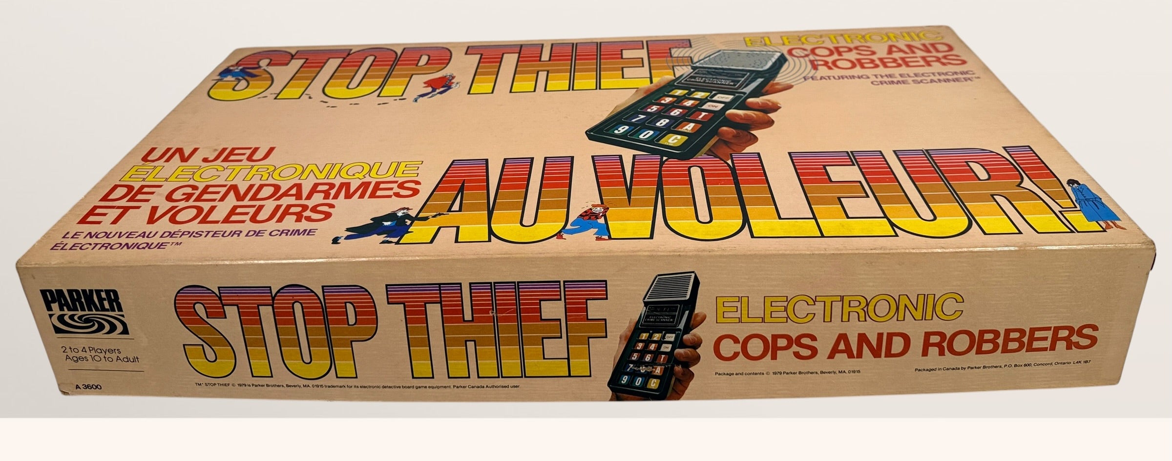 Vintage 1979 Stop Thief electronic board game by Parker Brothers, classic cops and robbers deduction game with retro crime scanner.