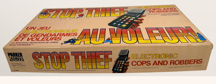 Vintage 1979 Stop Thief electronic board game by Parker Brothers, classic cops and robbers deduction game with retro crime scanner.