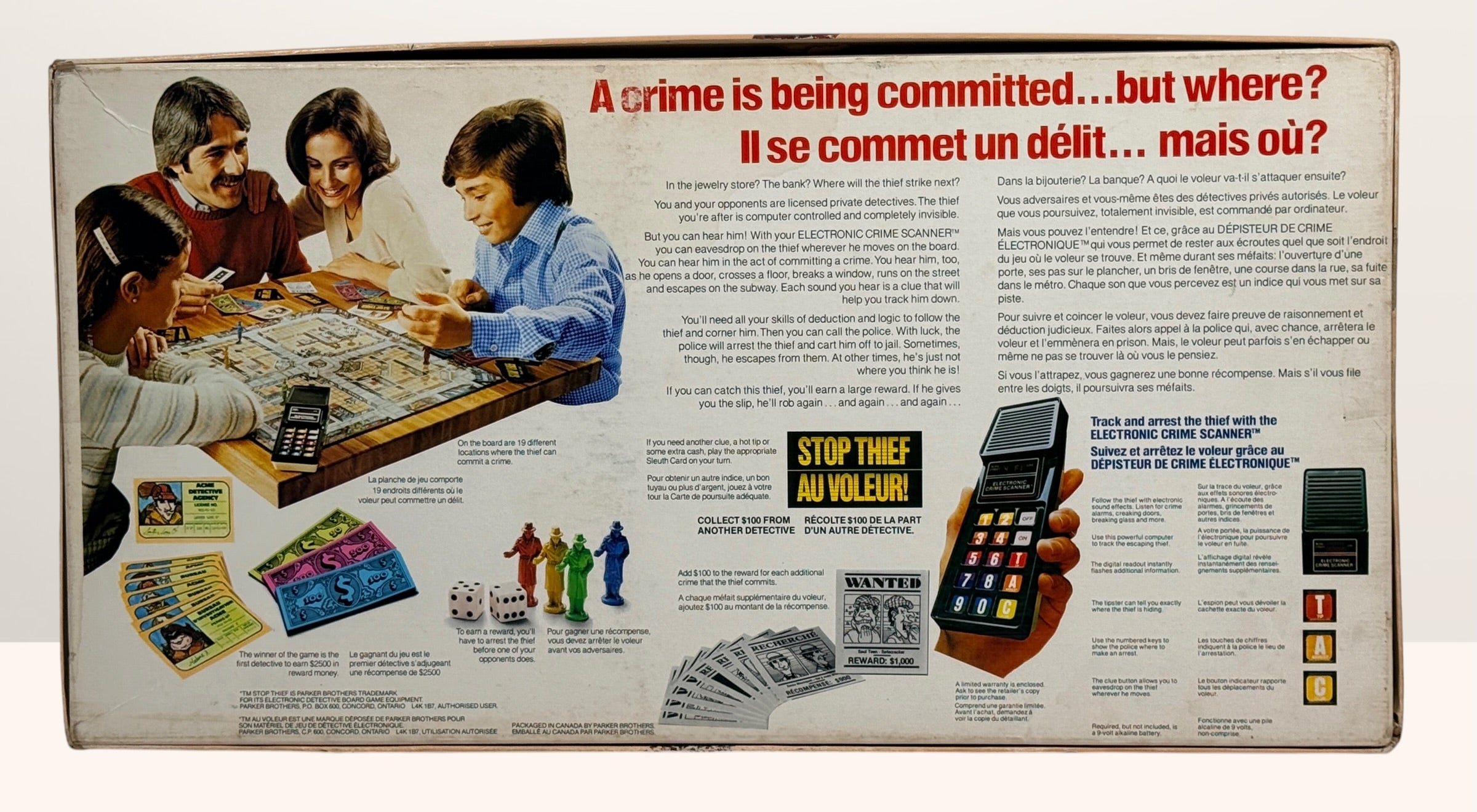 Vintage 1979 Stop Thief electronic board game by Parker Brothers, classic cops and robbers deduction game with retro crime scanner.