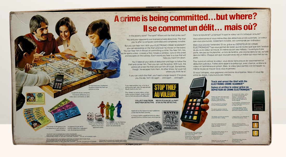 Vintage 1979 Stop Thief electronic board game by Parker Brothers, classic cops and robbers deduction game with retro crime scanner.