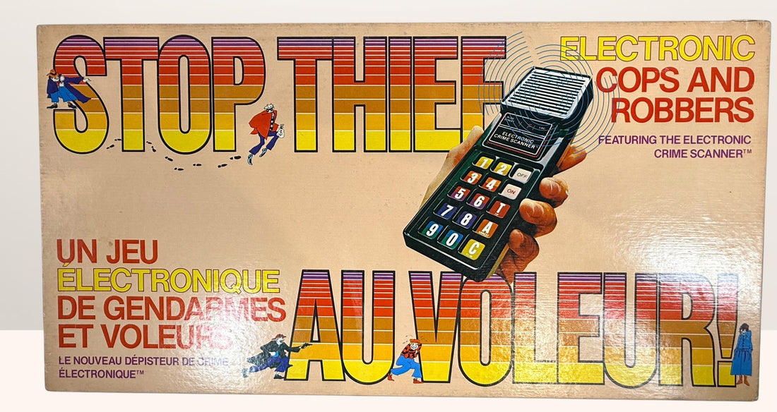Vintage 1979 Stop Thief electronic board game by Parker Brothers, classic cops and robbers deduction game with retro crime scanner.
