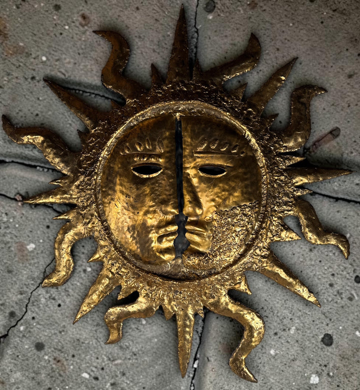 Authentic signed EMAUS Brutalist sun face wall sculpture from 1960s Mexico. Handcrafted Mid-Century Modern metal art by Benedictine monks.