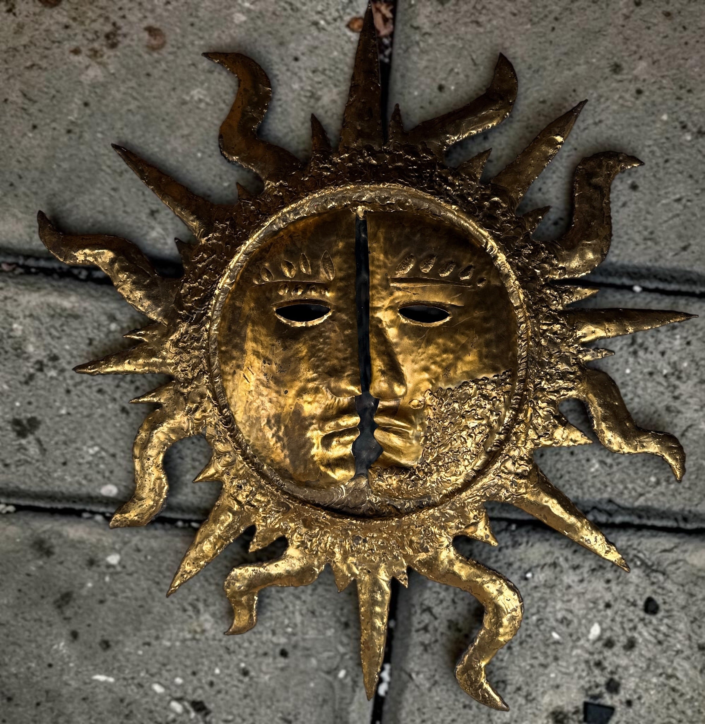 Authentic signed EMAUS Brutalist sun face wall sculpture from 1960s Mexico. Handcrafted Mid-Century Modern metal art by Benedictine monks.