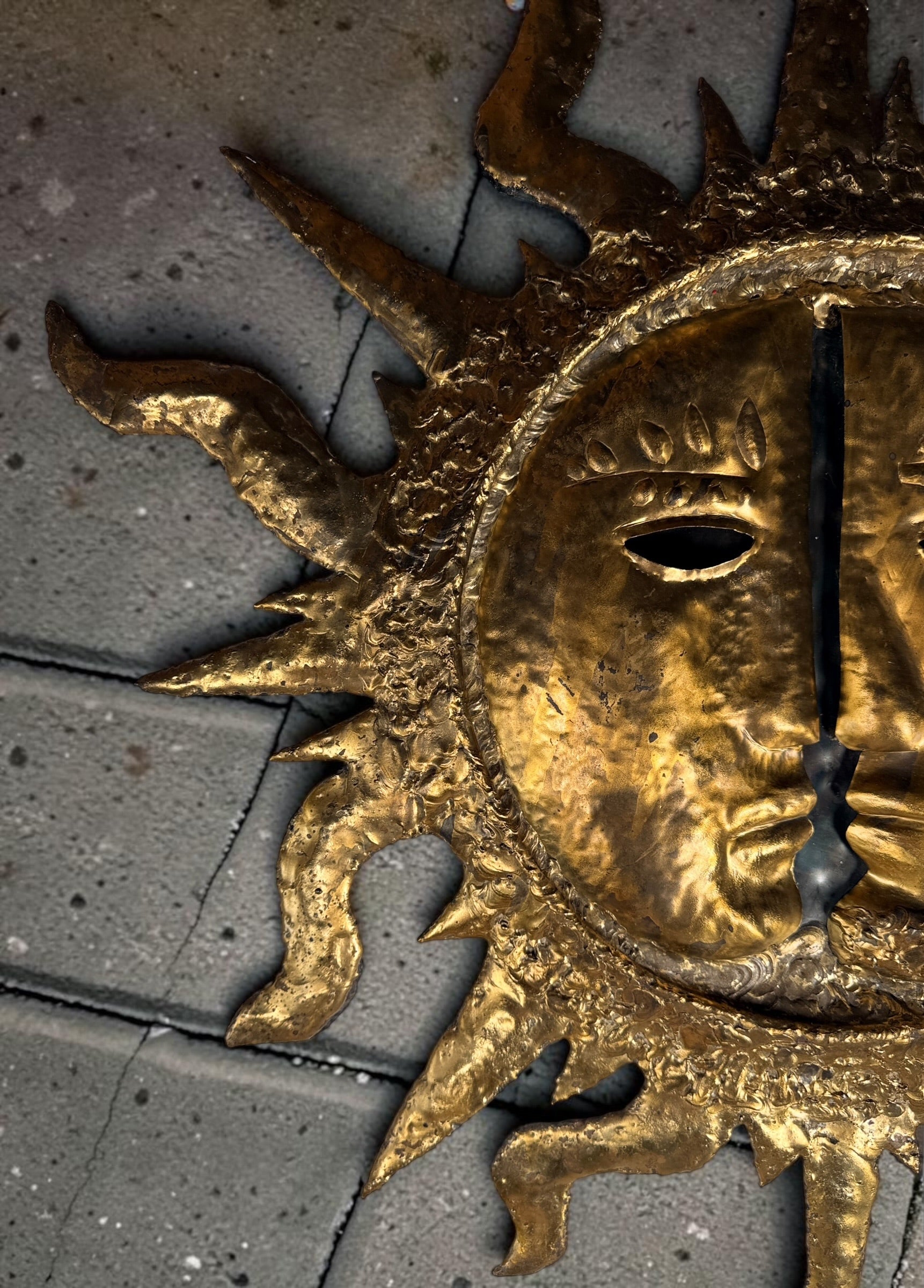 Authentic signed EMAUS Brutalist sun face wall sculpture from 1960s Mexico. Handcrafted Mid-Century Modern metal art by Benedictine monks.