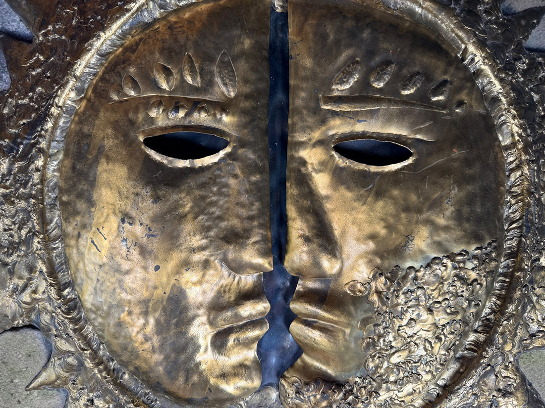Authentic signed EMAUS Brutalist sun face wall sculpture from 1960s Mexico. Handcrafted Mid-Century Modern metal art by Benedictine monks.