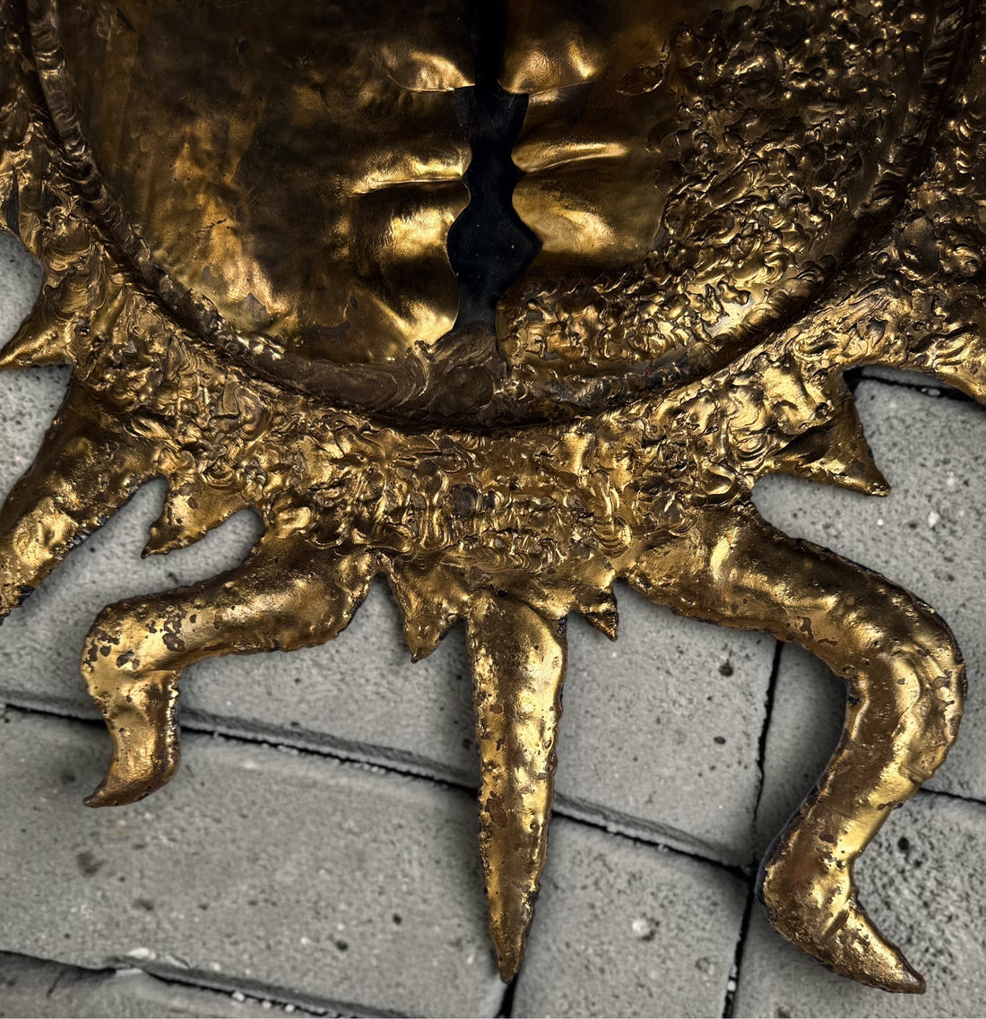 Authentic signed EMAUS Brutalist sun face wall sculpture from 1960s Mexico. Handcrafted Mid-Century Modern metal art by Benedictine monks.