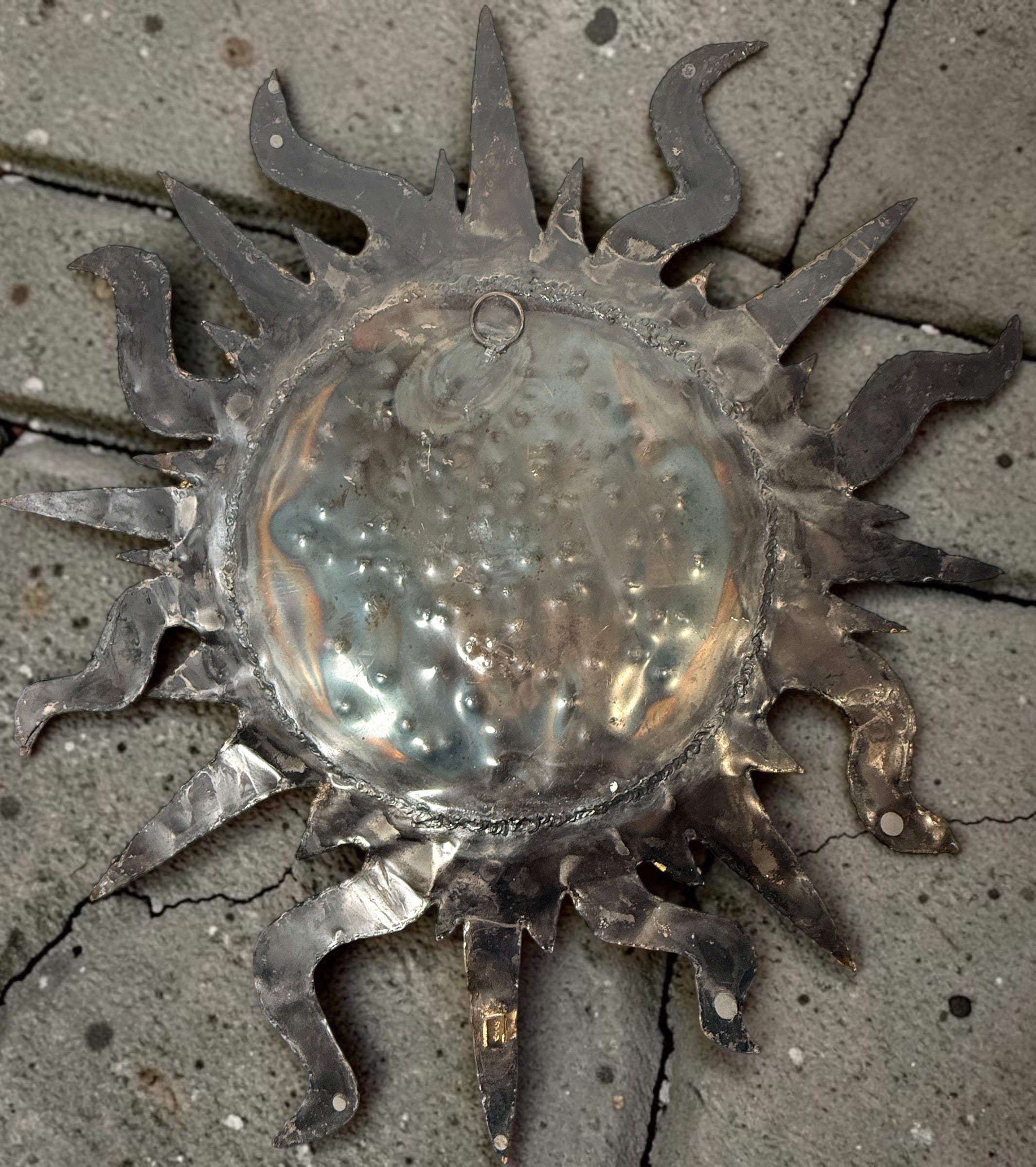 Authentic signed EMAUS Brutalist sun face wall sculpture from 1960s Mexico. Handcrafted Mid-Century Modern metal art by Benedictine monks.