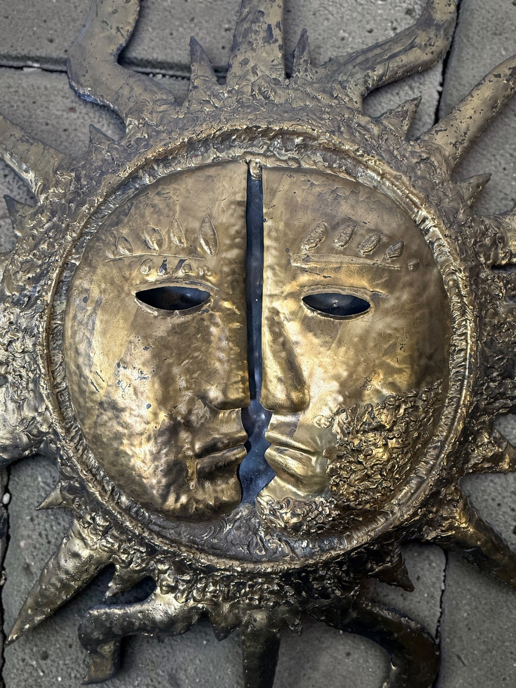 Authentic signed EMAUS Brutalist sun face wall sculpture from 1960s Mexico. Handcrafted Mid-Century Modern metal art by Benedictine monks.