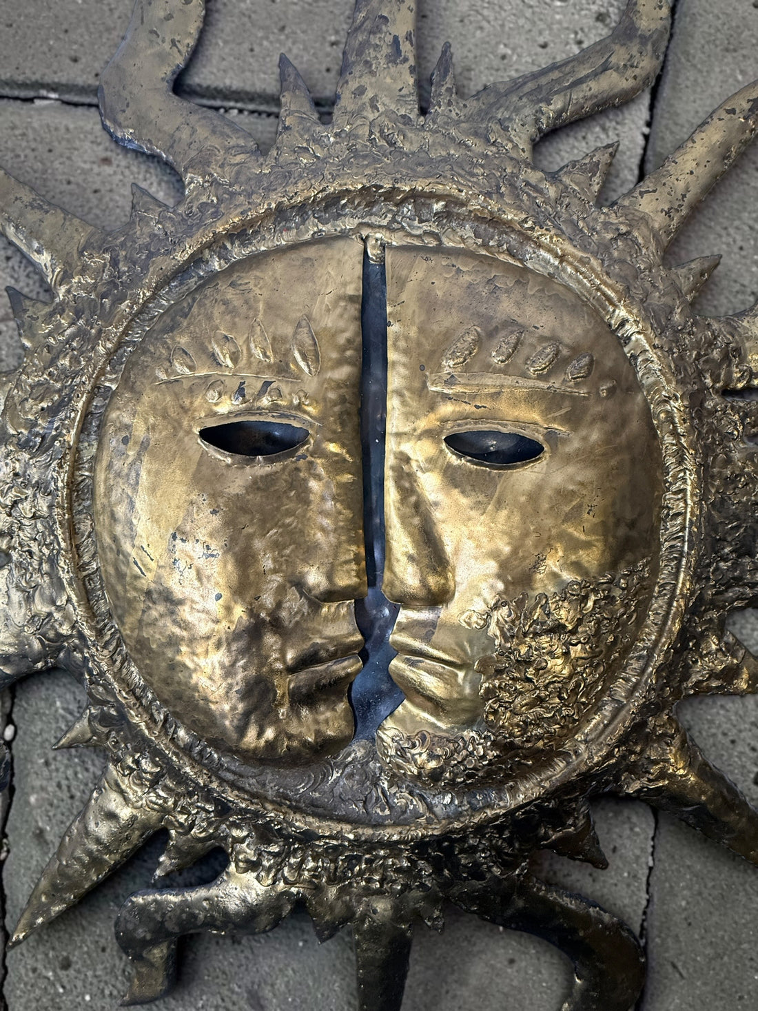Authentic signed EMAUS Brutalist sun face wall sculpture from 1960s Mexico. Handcrafted Mid-Century Modern metal art by Benedictine monks.