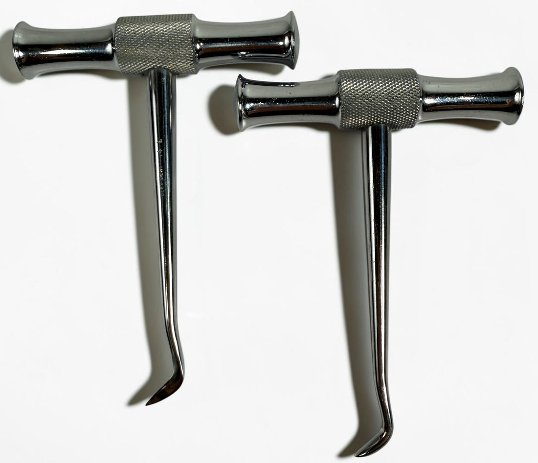 Vintage CLEV-DENT Winter Cryer dental elevators 14R 14L surgical extraction instrument pair in excellent vintage condition.