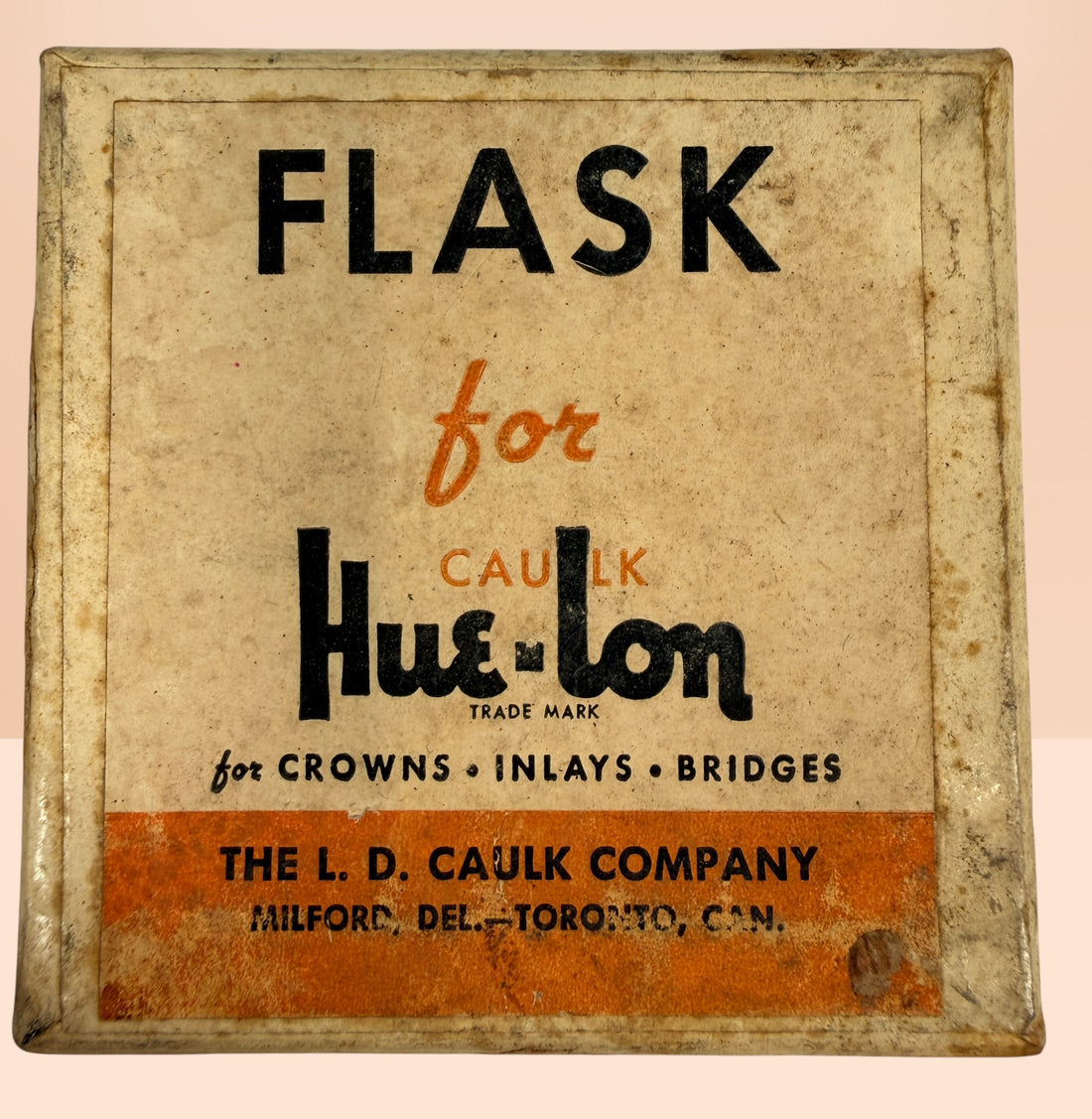 Vintage Caulk Hue-Lon dental casting flask brass mold with original box, collectible dental lab tool for crowns, bridges, and medical antique displays.